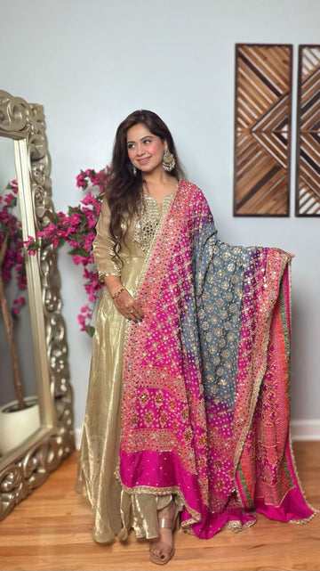 Rangpriya Gharchola Mirror Work Dupatta – Blue Grey & Rani Pink
