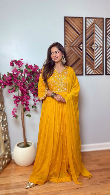 Svarnika – Mustard Yellow Chinon Silk Anarkali Gown with Dupatta