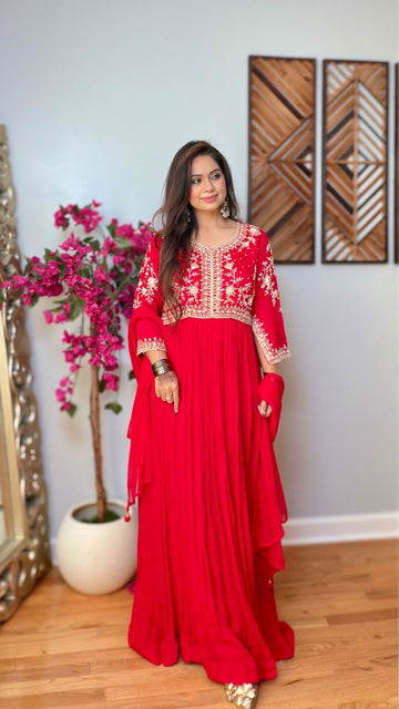 Ruvanshi – Red Chinon Silk Anarkali Gown with Dupatta