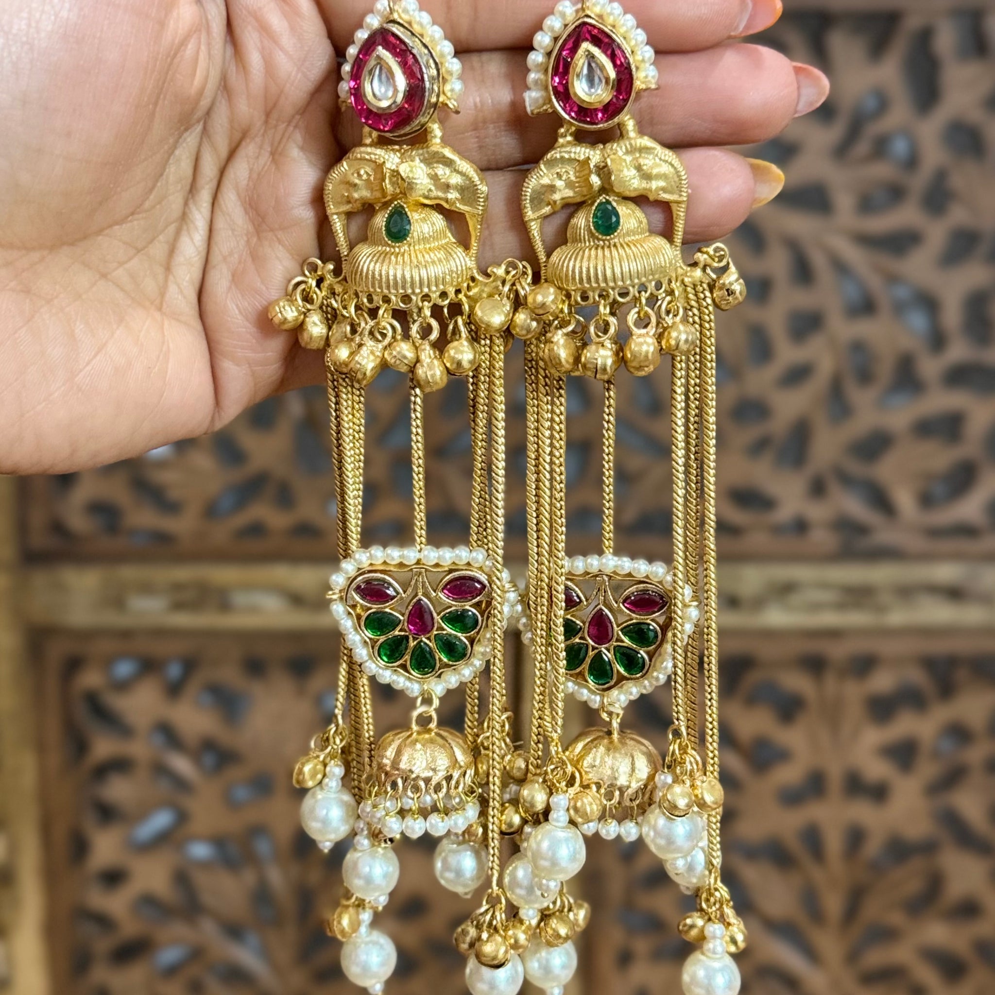 Devanshi Elephant Motif Brass Drape Earrings