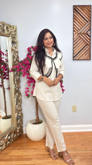 Arohi Ivory Linen Cord Set with Embellished Vest