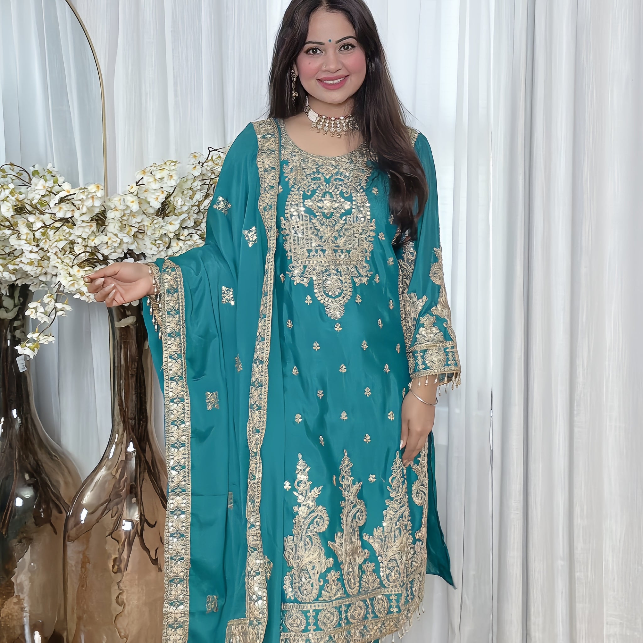 Zaiba Teal Zari Palazzo Ensemble