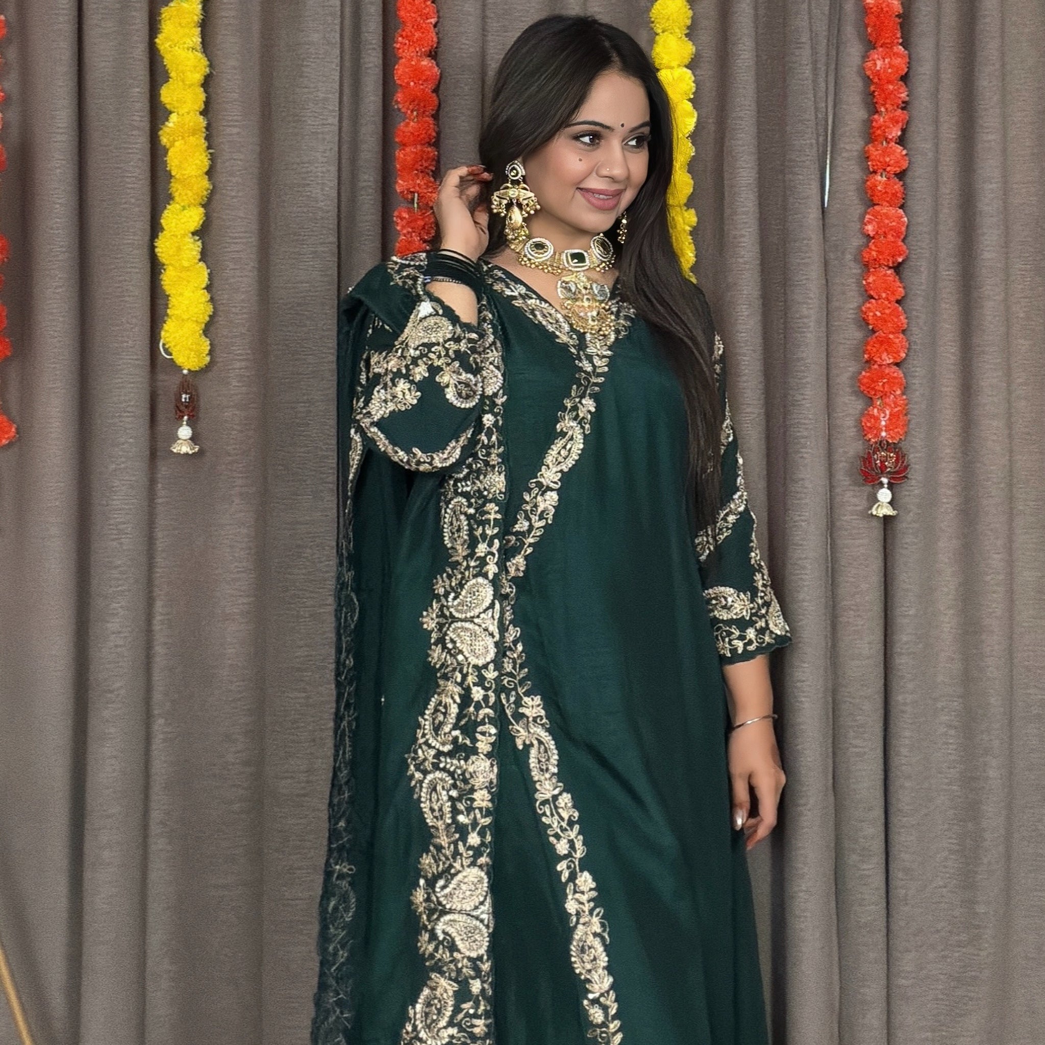 Inaya – Emerald Green Dola Silk Angrakha Anarkali Set