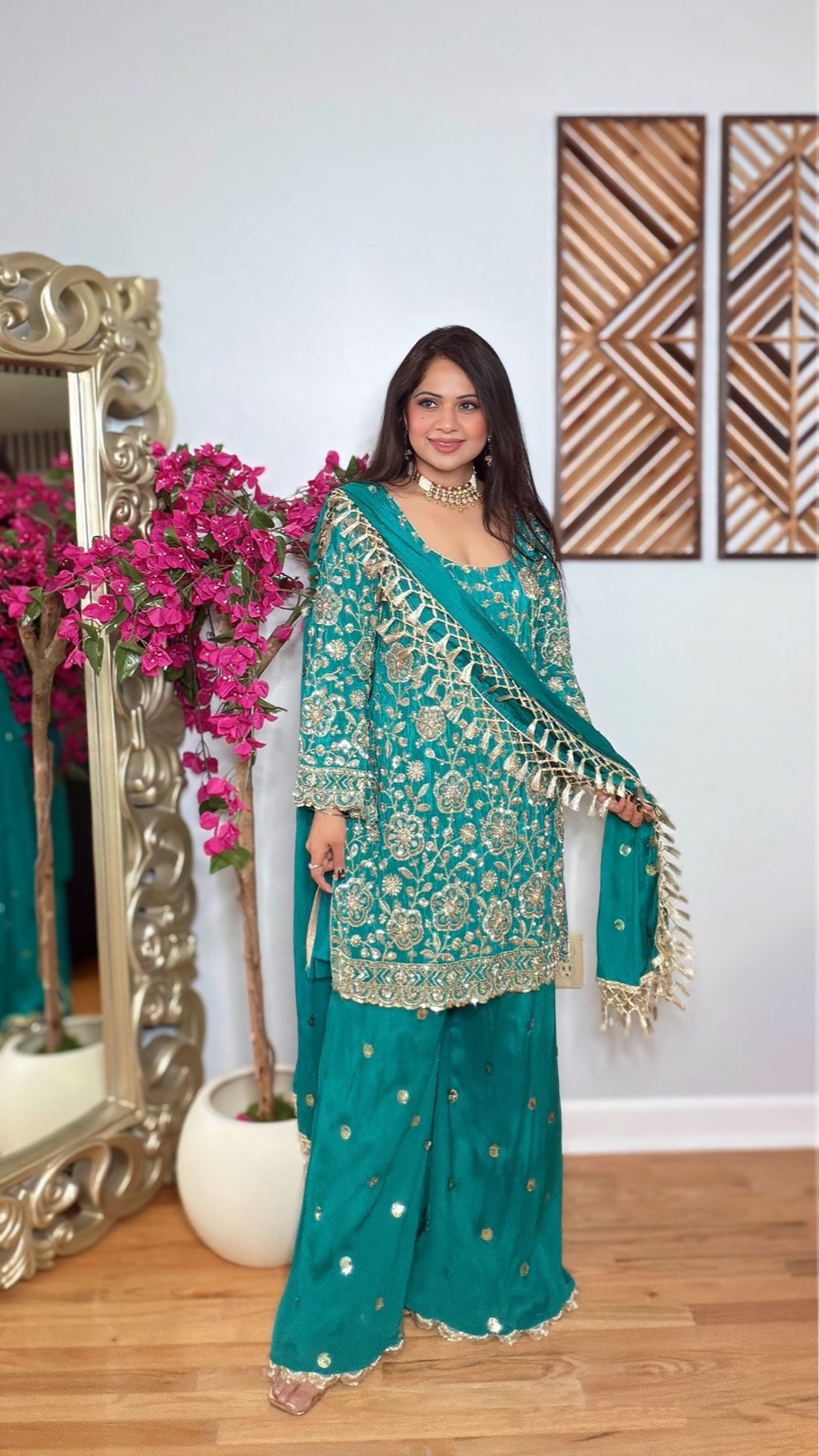 Zehra Teal – Chinon Silk Zardozi Palazzo Set