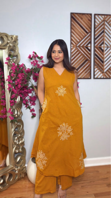 Veyara- Mustard Embroidered Linen Kurta Pant Set