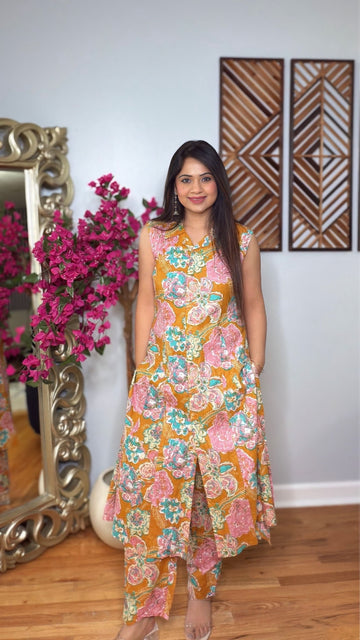 Pravya – Mustard Floral Cotton Cord Set
