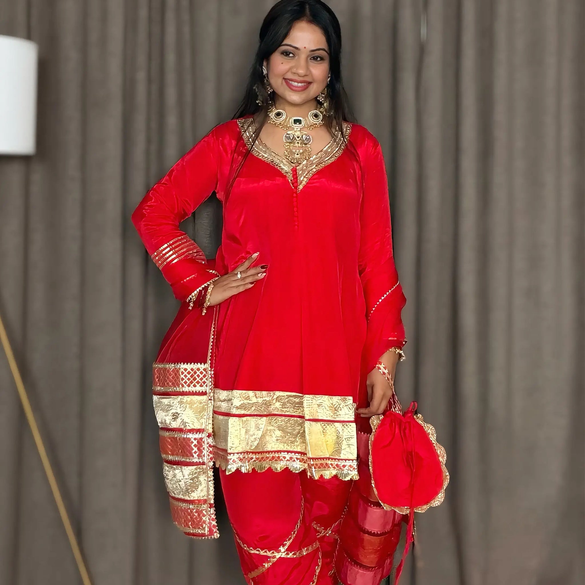 Karva Red short Anarkali Set