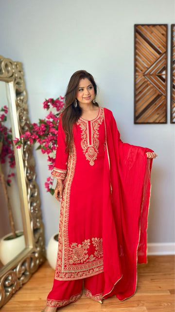 Tanishka – Red Embroidered Georgette Suit