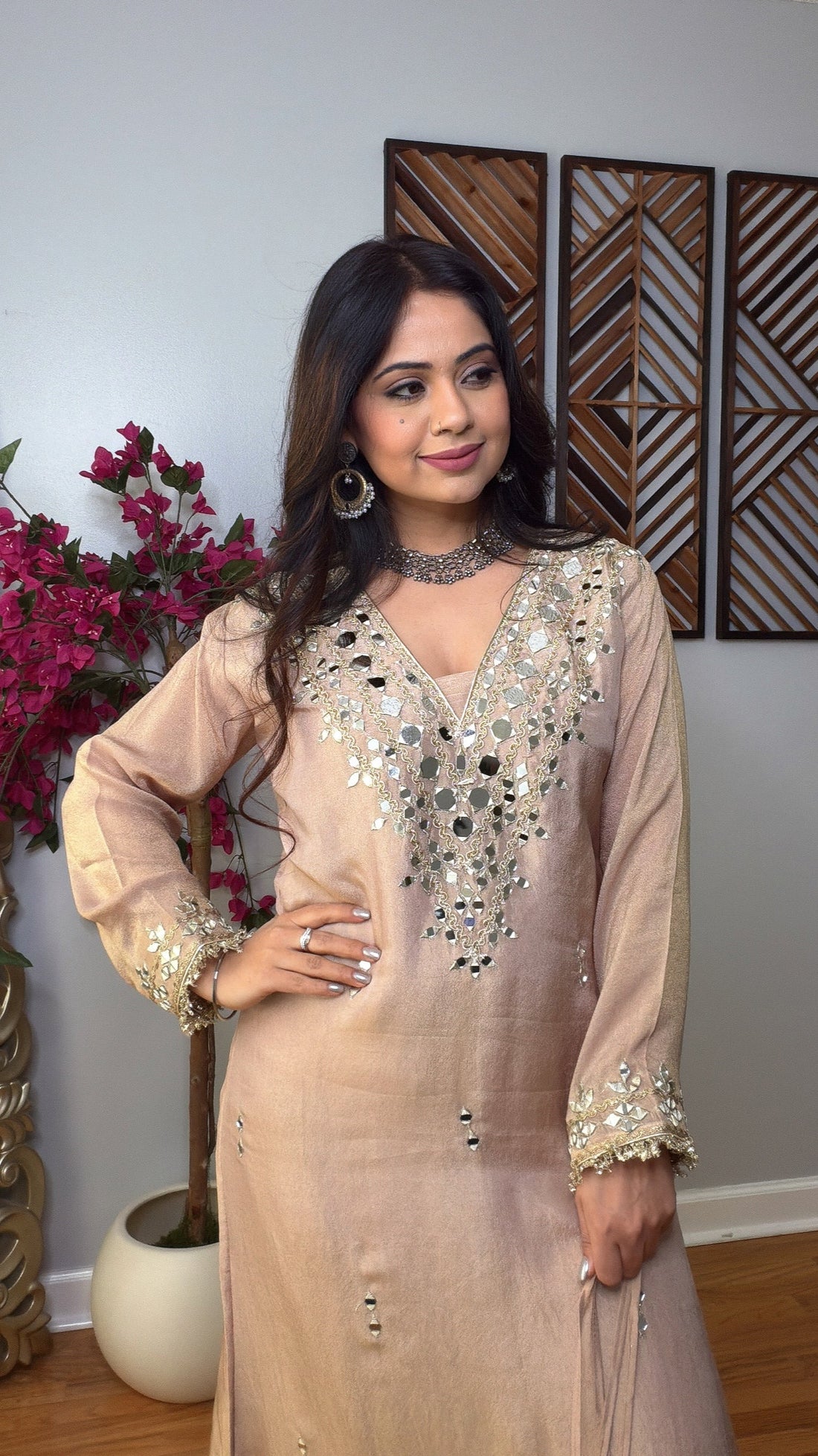 Aurelle – Premium Tissue Shimmer Mirror Work Kaftan Dress