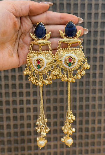 Navyara Blue Stone Brass Drape Earrings