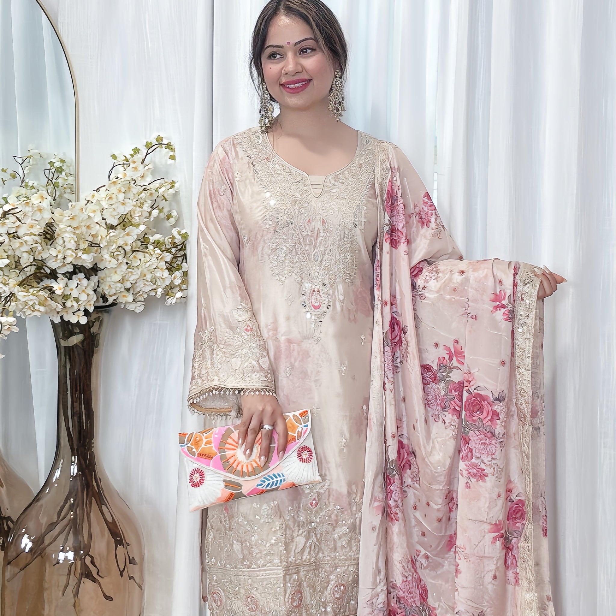 Ivory Bloom – Chinon Silk Pakistani Palazzo Suit
