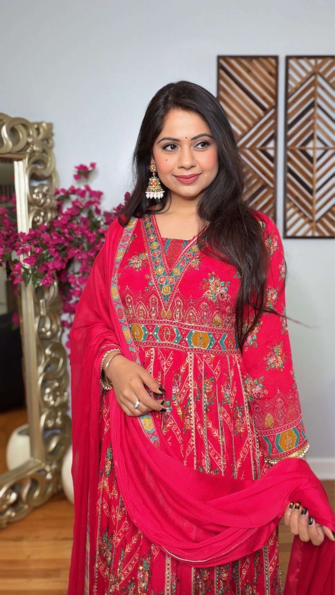 RAVAYNA-Red Chinon Printed Anarkali Gown with Dupatta