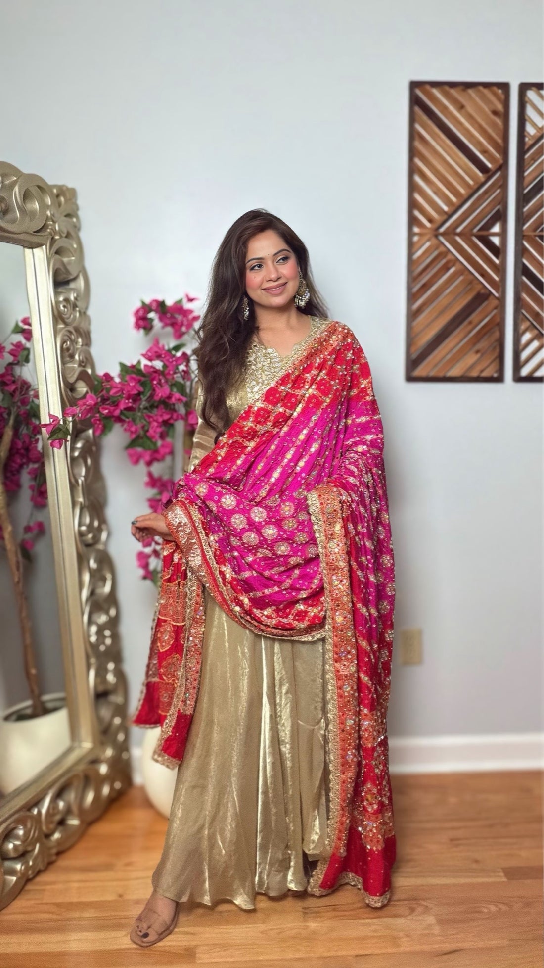 Kumudini Gharchola Mirror Work Dupatta – Rani Pink & Red