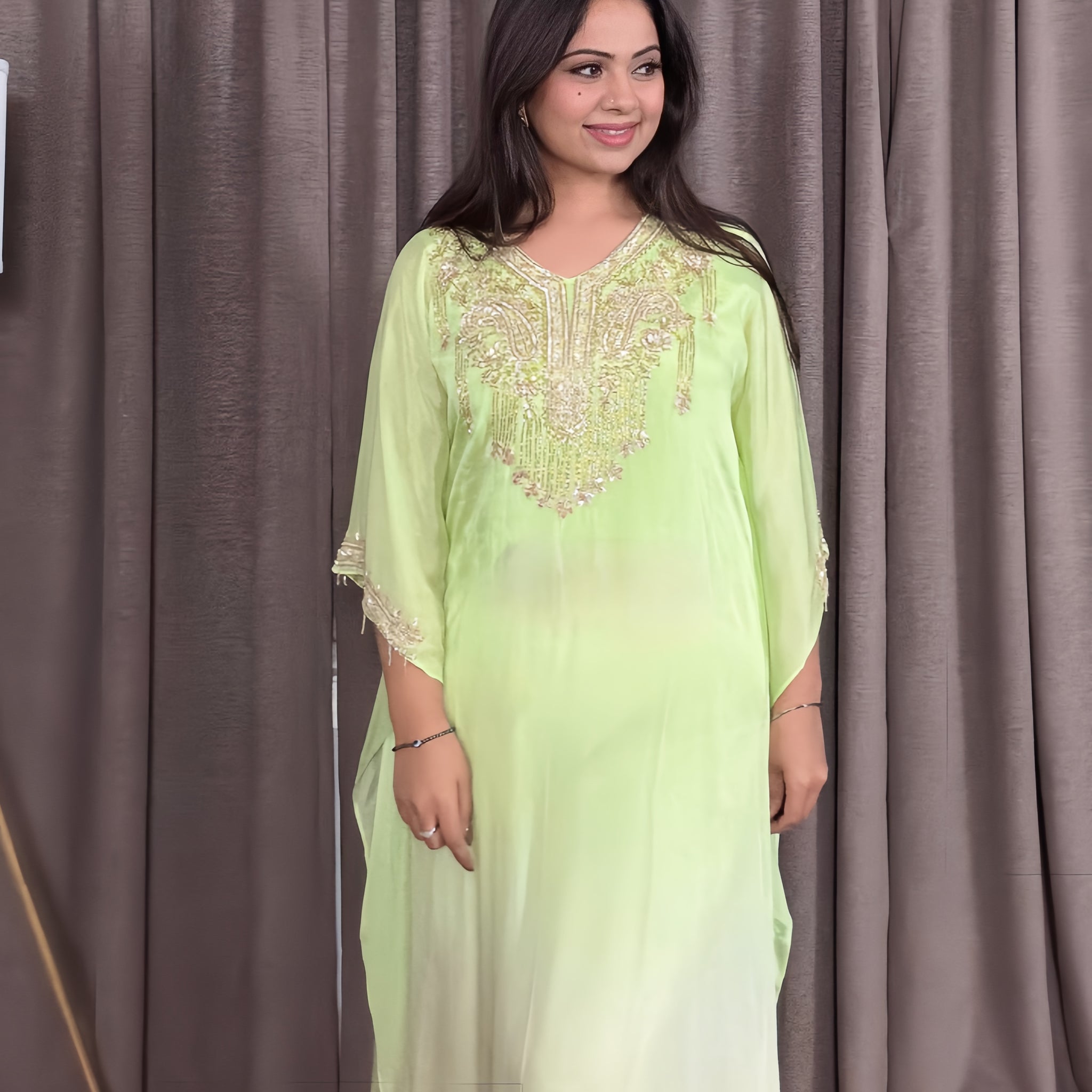 Zivara – Chinon Silk Kaftan Set in Ombré Lime