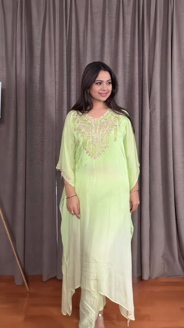 Zivara – Chinon Silk Kaftan Set in Ombré Lime