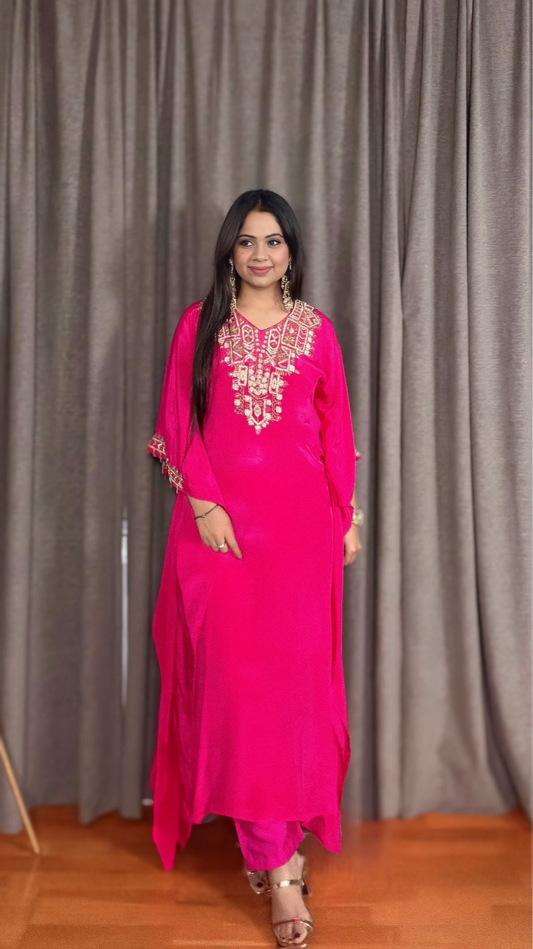 Nyrah – Fuchsia Crepe Silk Kaftan Set