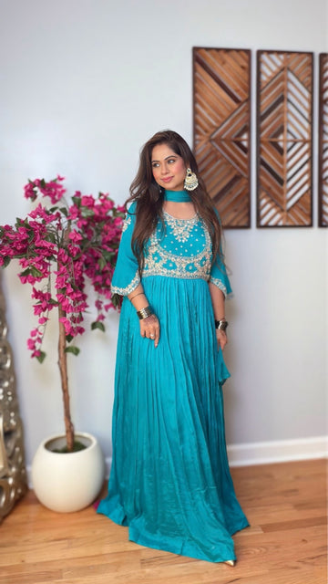 Ovrisha – Turquoise Blue Chinon Silk Anarkali Gown with Dupatta