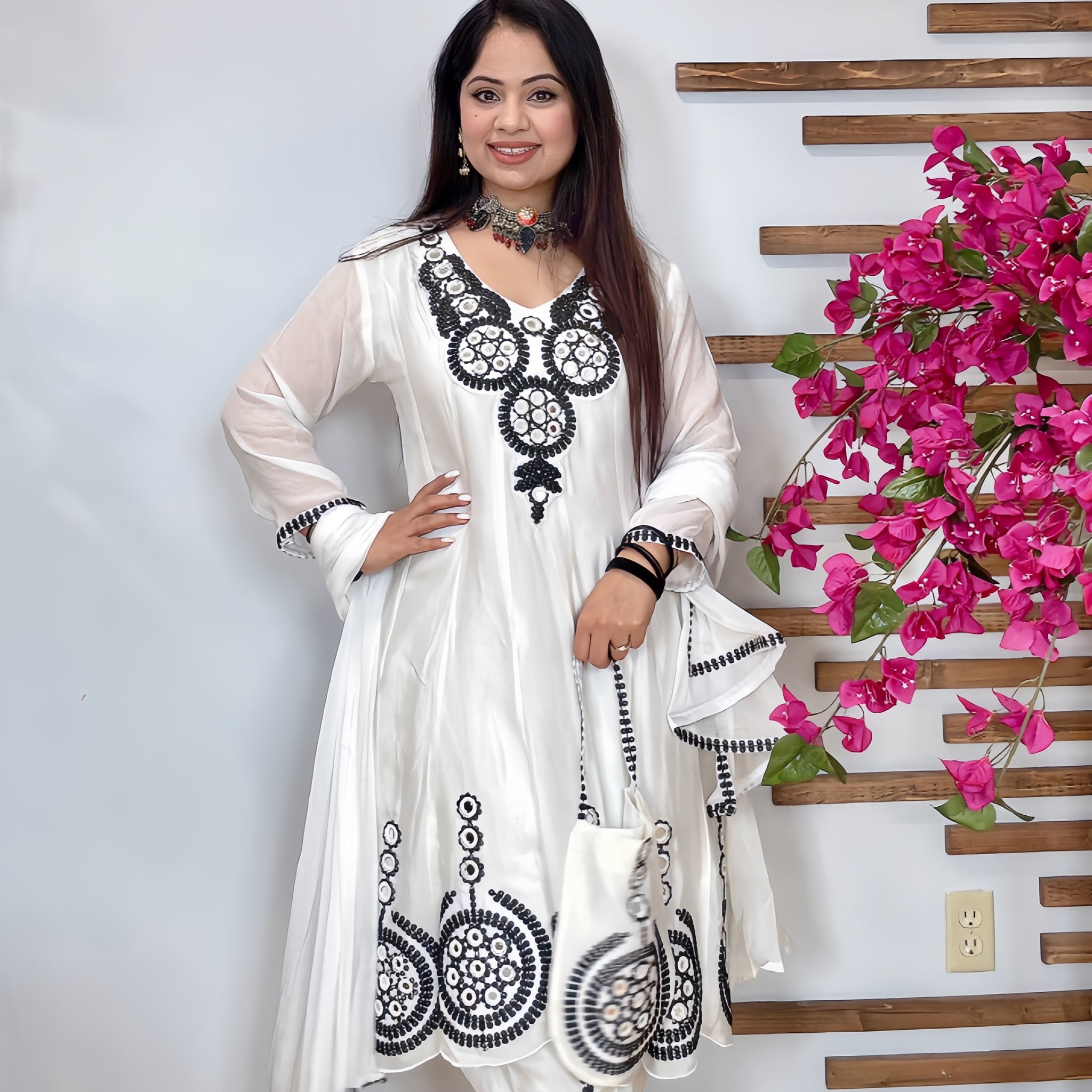 White black Anarkali suit