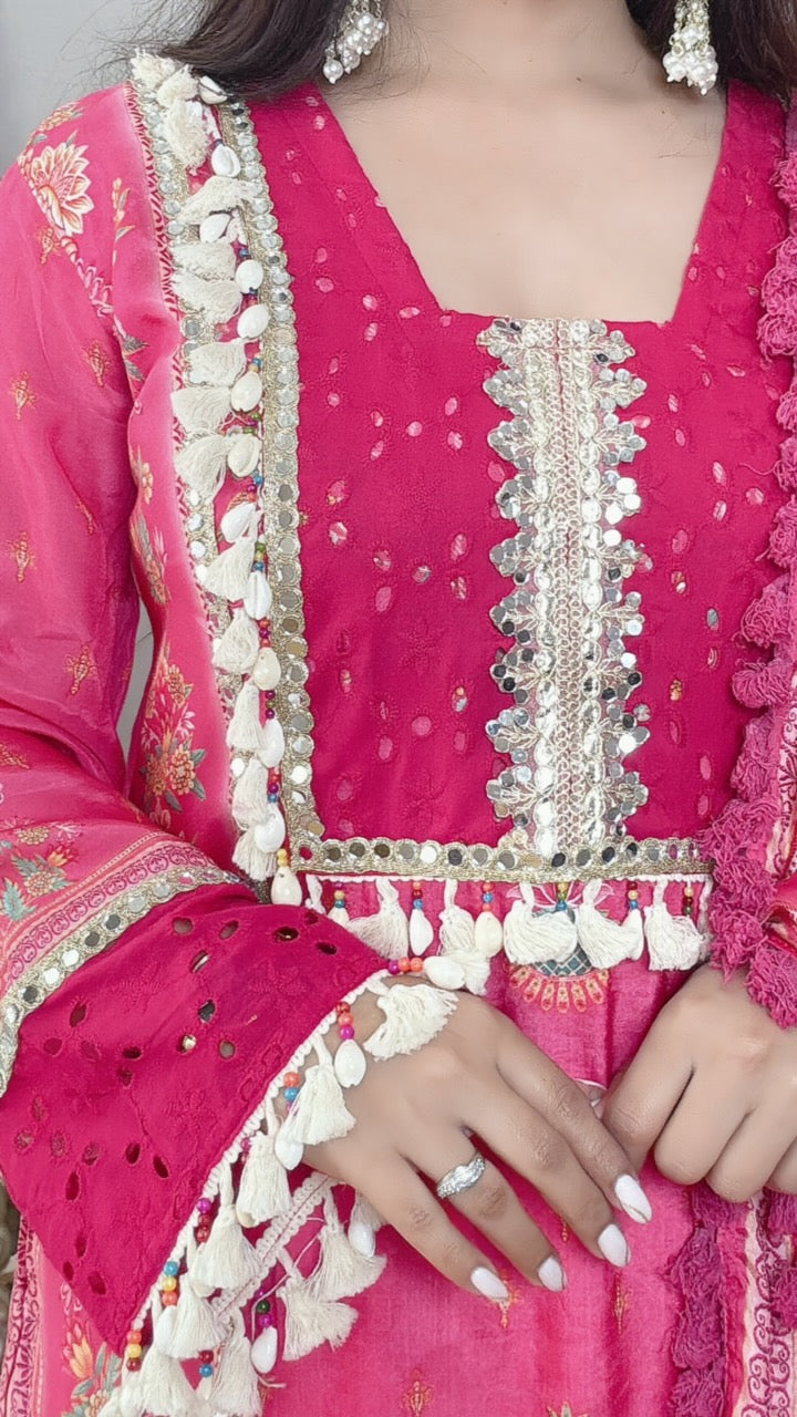 Elegant Muslin Silk Suit with Mirror Work & Tassels