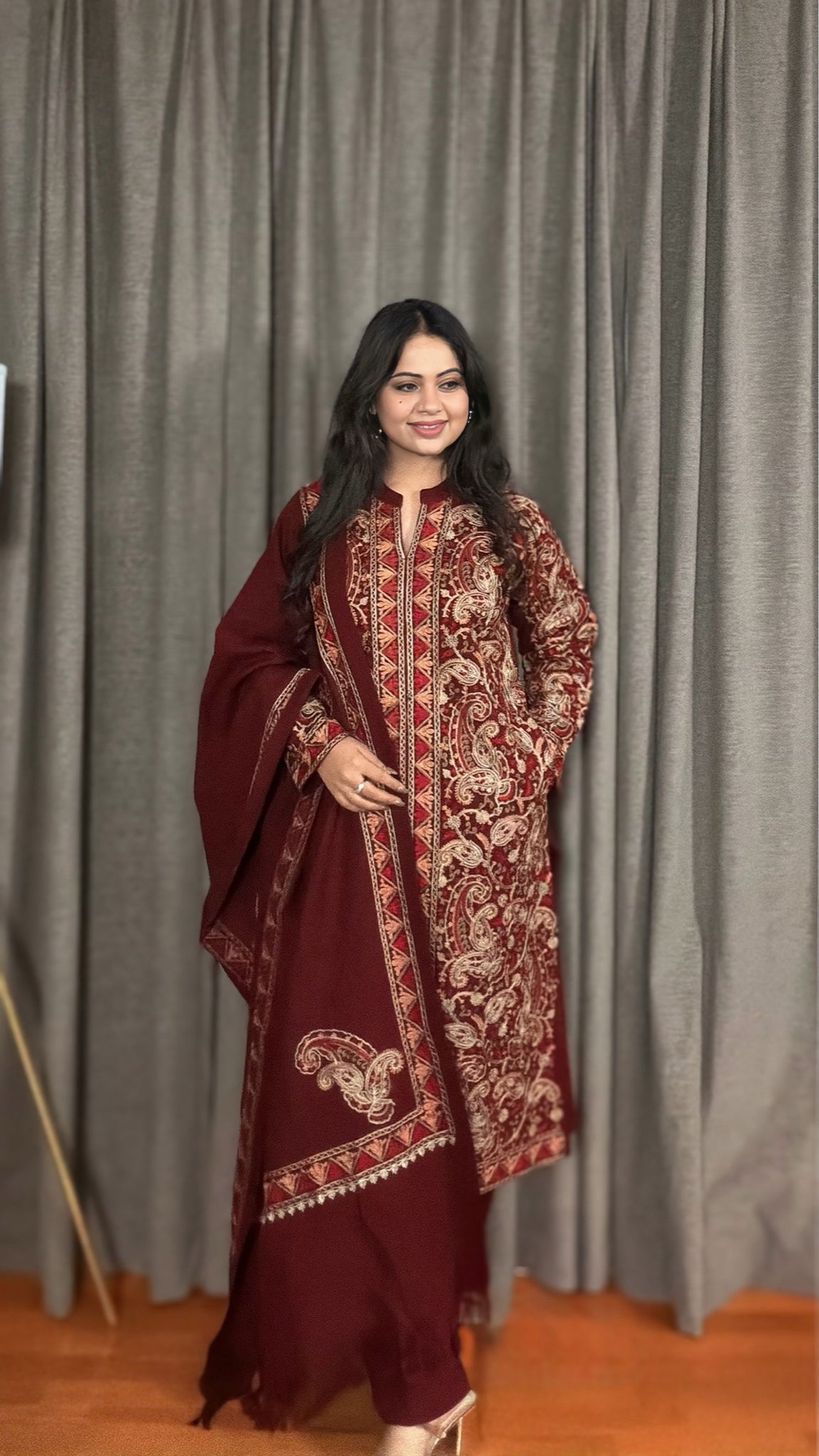Mahveen – Maroon Woolen Suit with Kashmiri Embroidery
