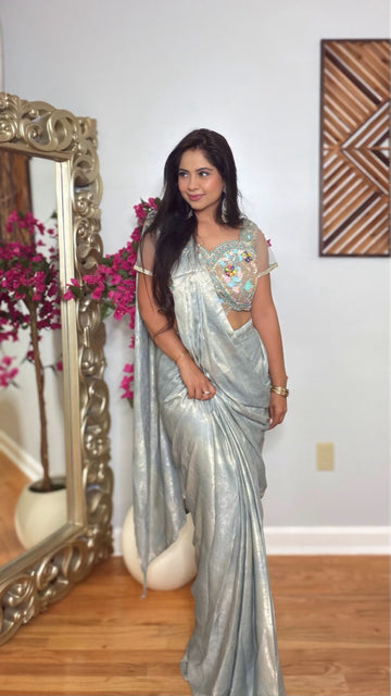 Saanjh Mint Grey Shimmer Drape Saree