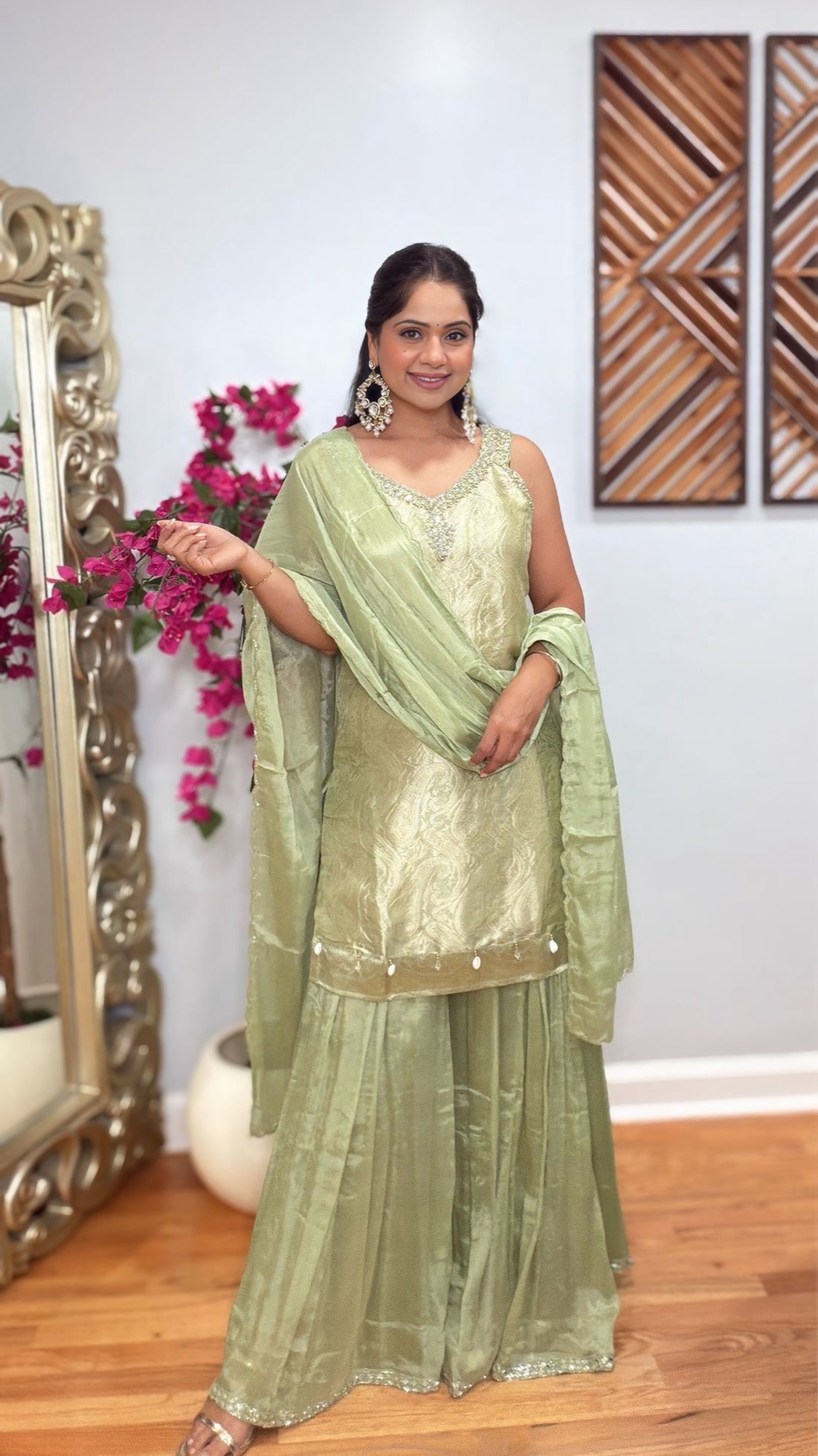 Mehreen sage green jacquard palazzo suit