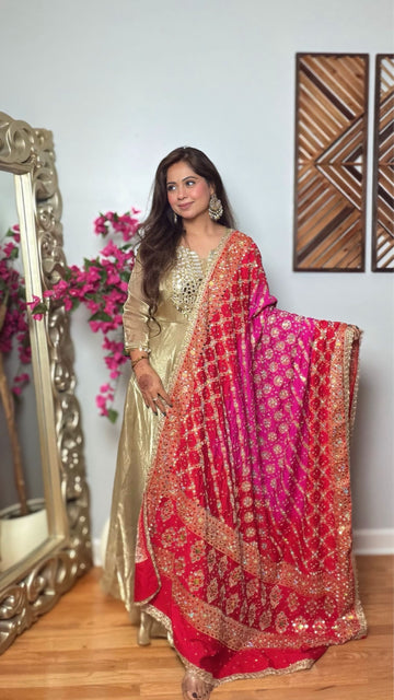 Kumudini Gharchola Mirror Work Dupatta – Rani Pink & Red