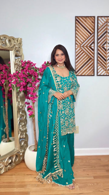 Zehra Teal – Chinon Silk Zardozi Palazzo Set