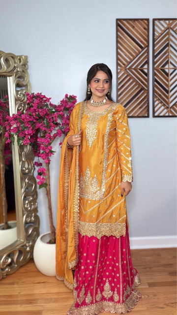 Suhana – Yellow & Pink Chinon Silk Mirror Embroidered Lehenga Suit