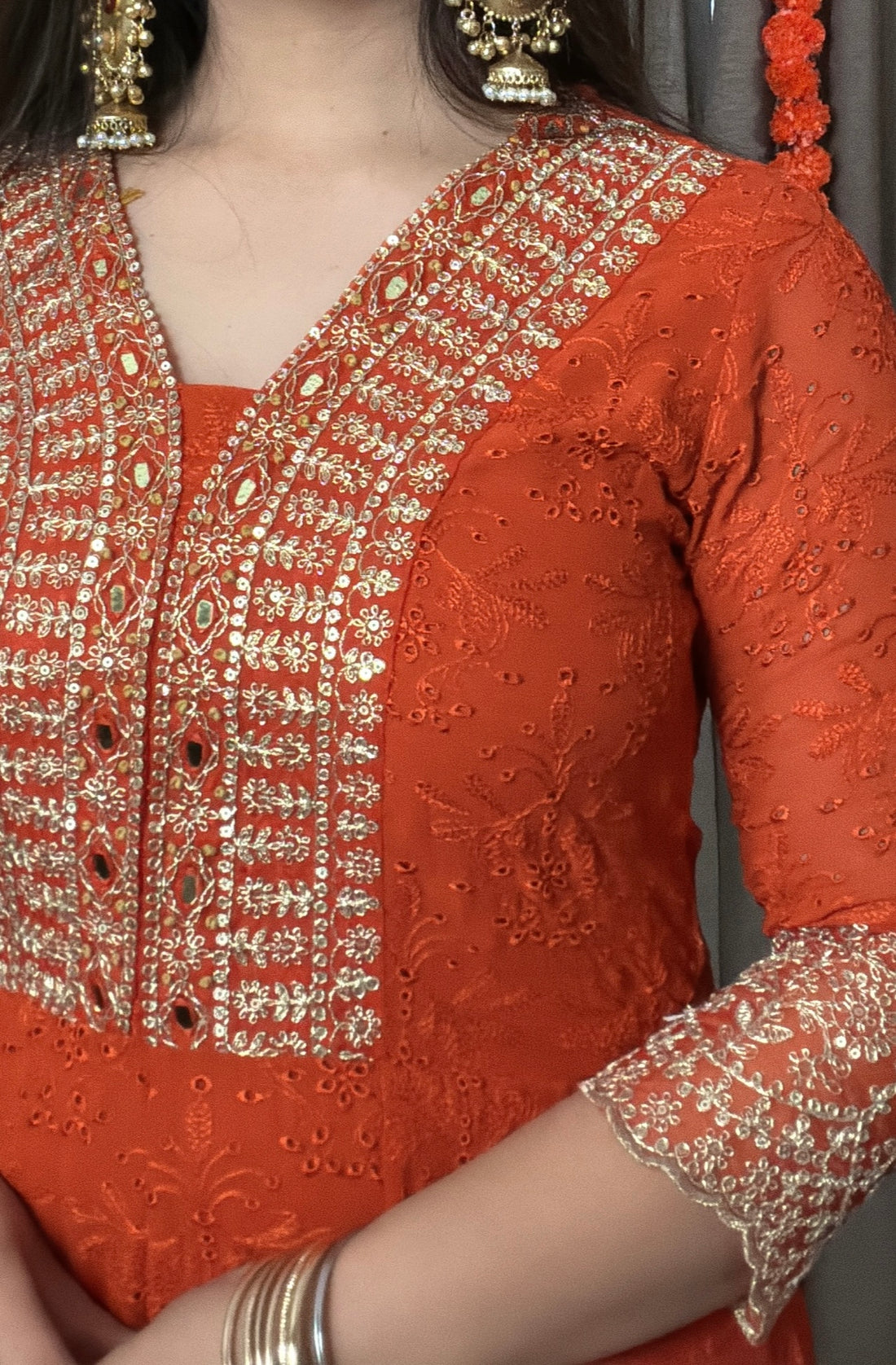 Aaira – Rust Orange Georgette Schiffli Anarkali Set