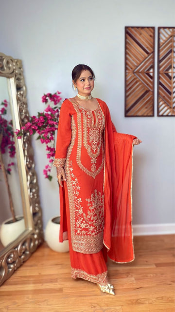 Pravisha – Orange Cutdana Embroidered Georgette Suit