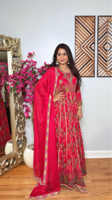 RAVAYNA-Red Chinon Printed Anarkali Gown with Dupatta