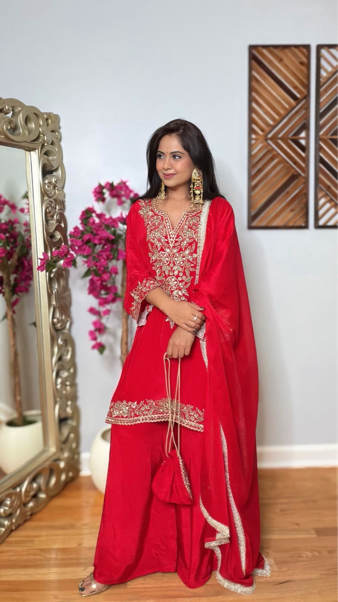 Vedanshi Red Crepe Silk Suit