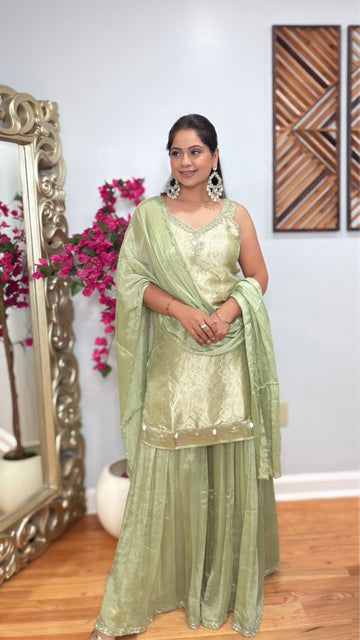 Mehreen sage green jacquard palazzo suit