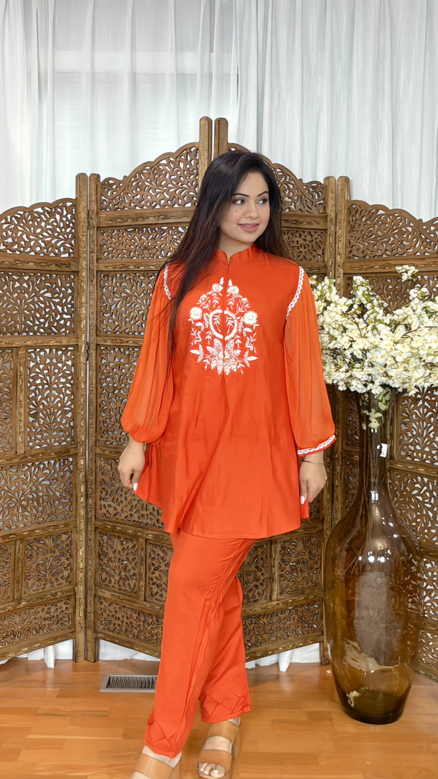 Women's linen-cotton co-ord set in bright orange – sizes 40 and 42