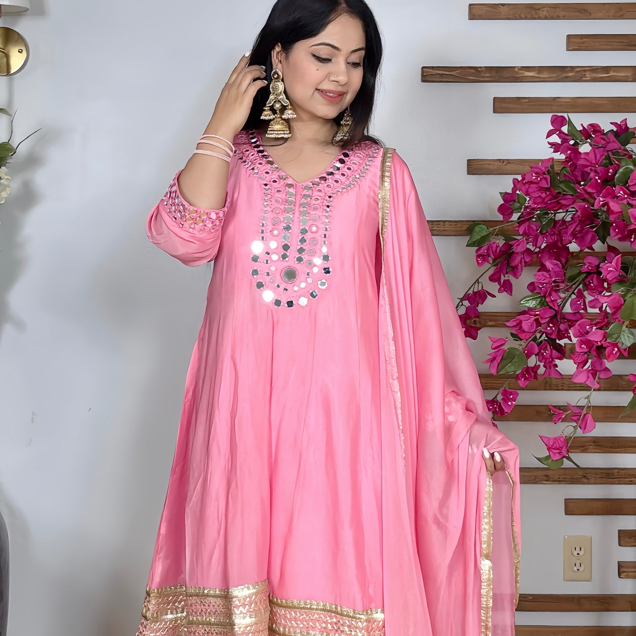 Pink mirror Anarkali suit