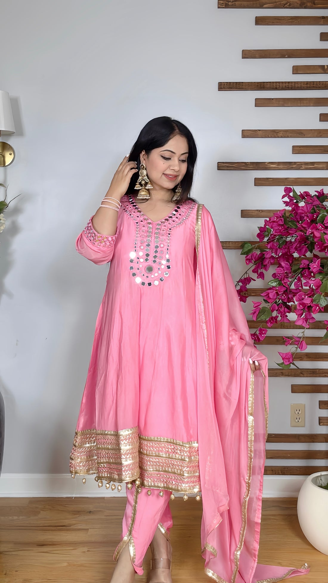Pink mirror Anarkali suit