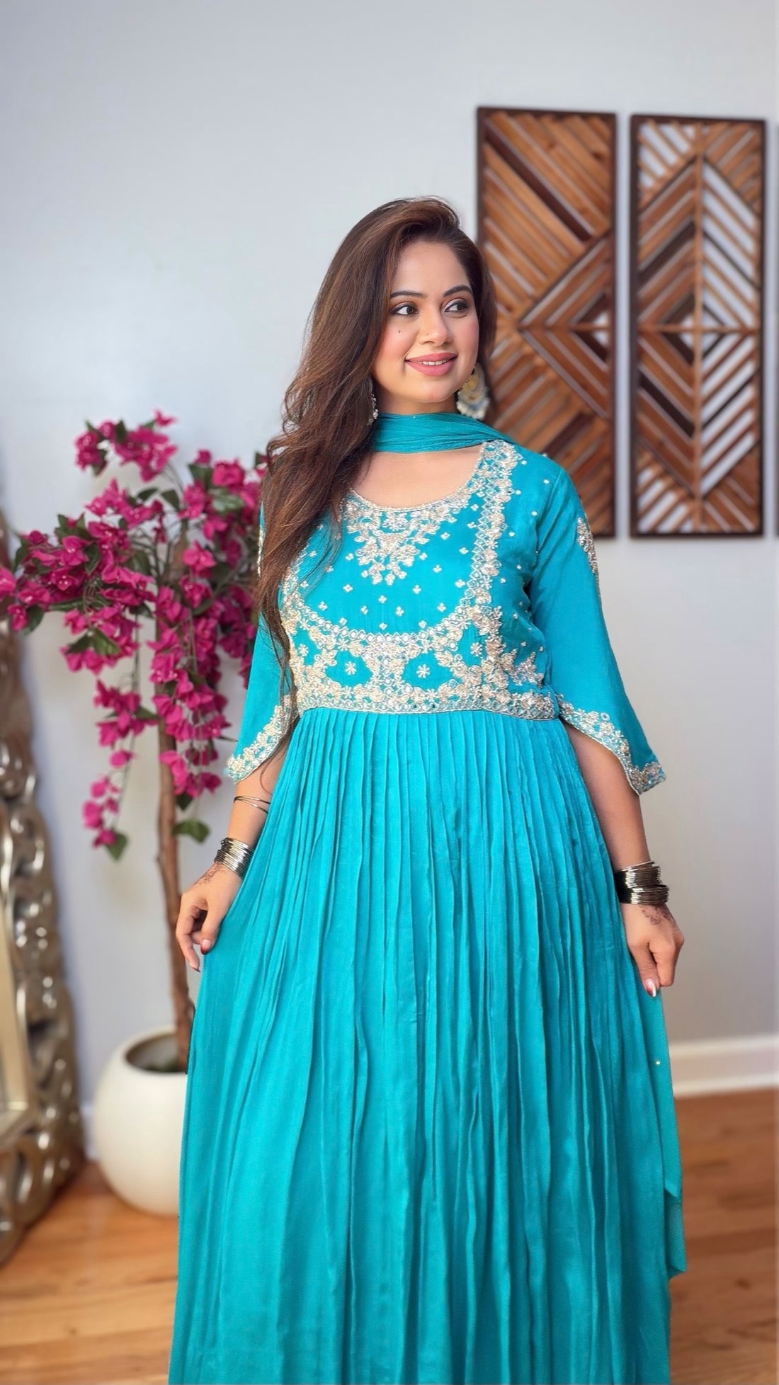 Ovrisha – Turquoise Blue Chinon Silk Anarkali Gown with Dupatta