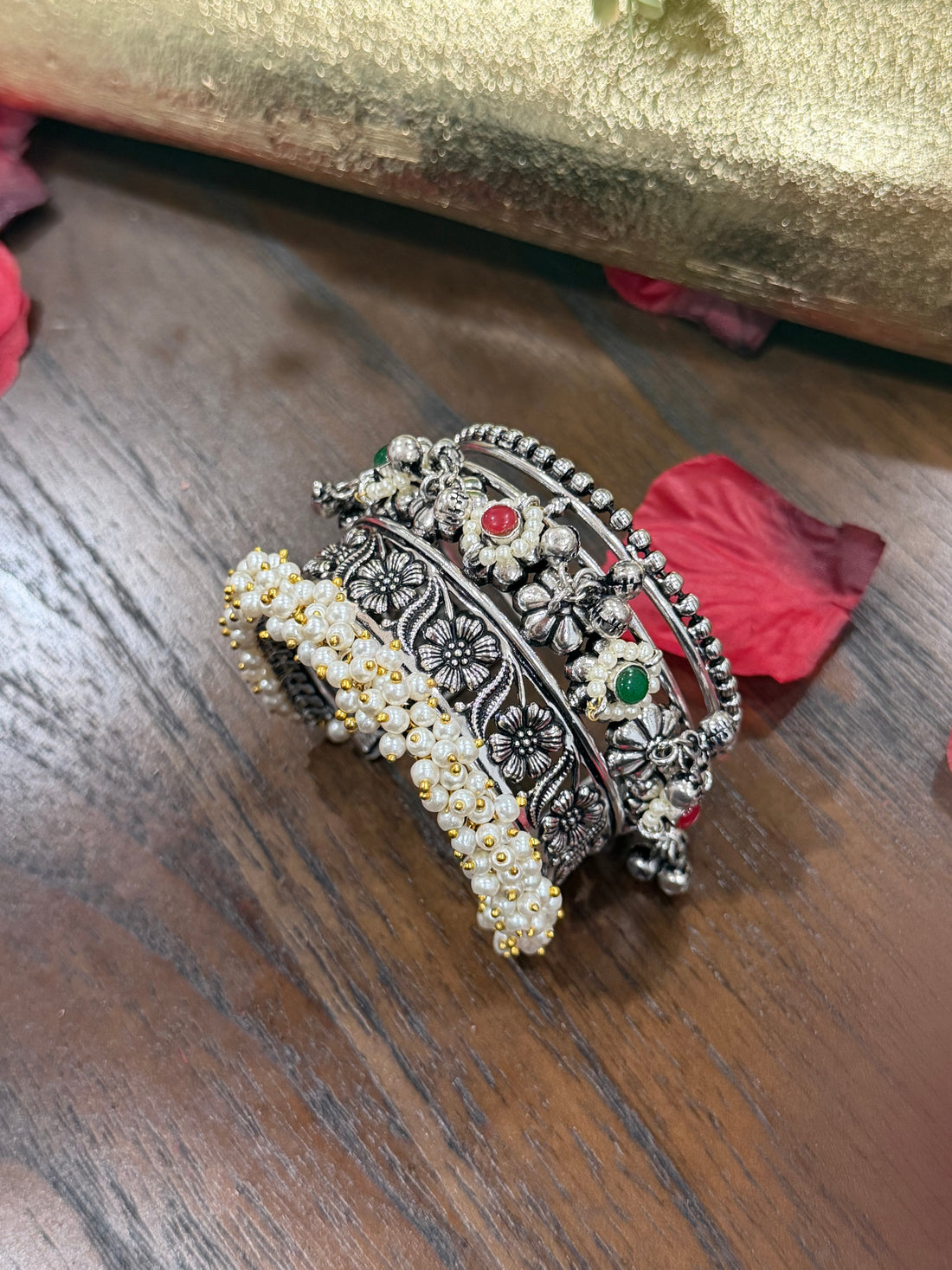 Charvi Oxidized Floral Pearl Handcuff