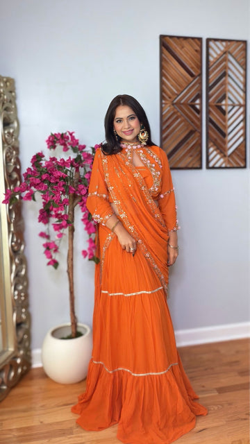 Kritvi – Burnt Orange Georgette Lehenga Saree
