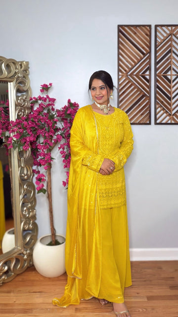 Reeva – Georgette Yellow Sharara Suit