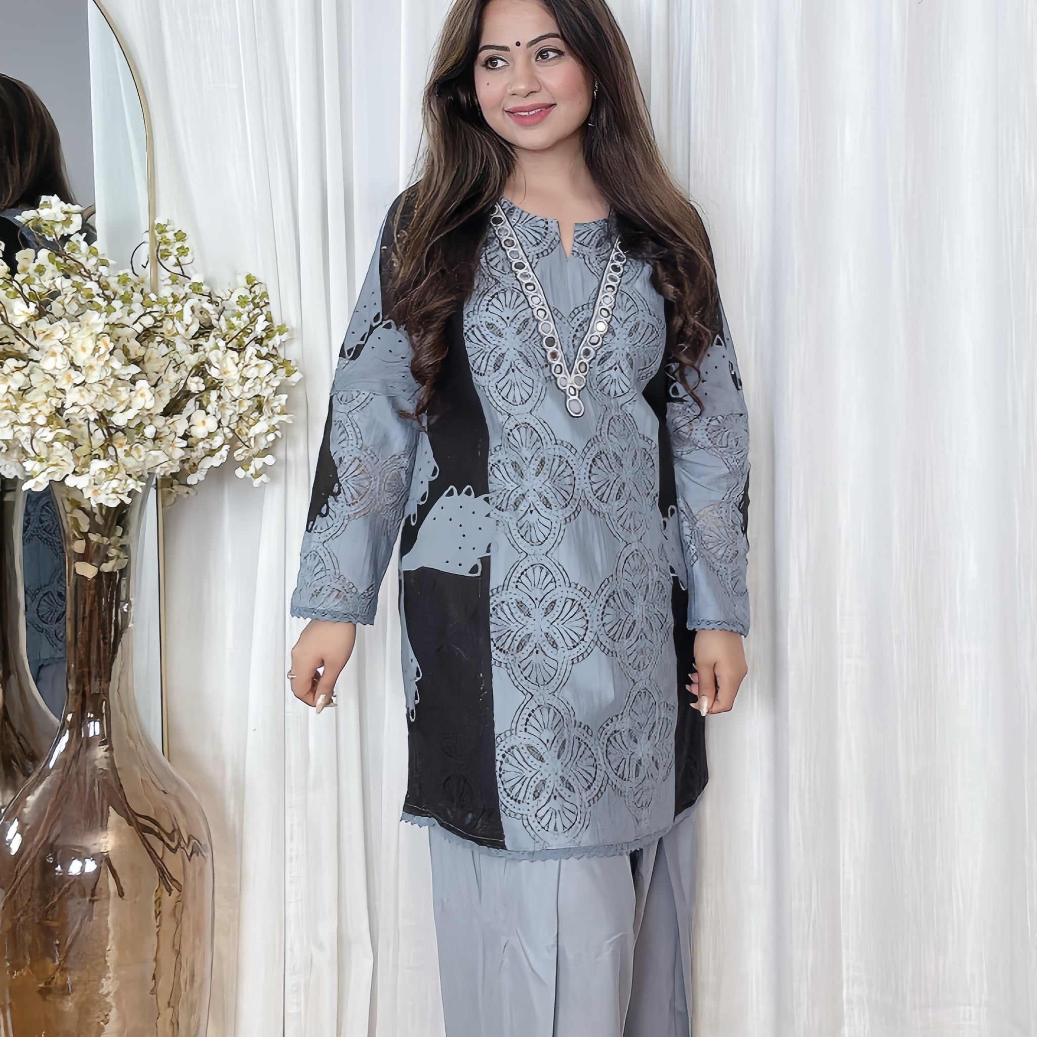 Grey-Black Cotton 2-Piece Farshi Set