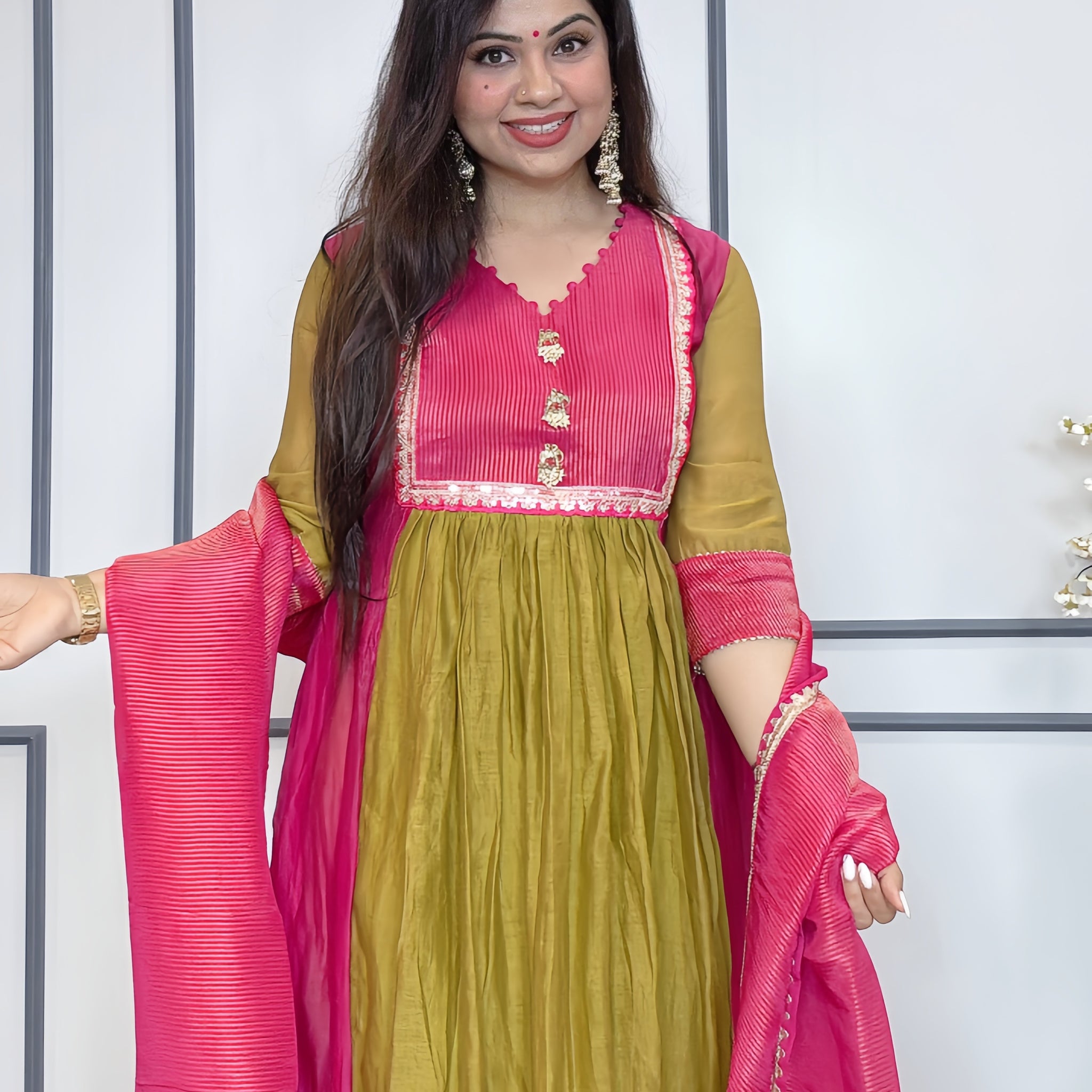 Green Pink Mulmul Chanderi suit