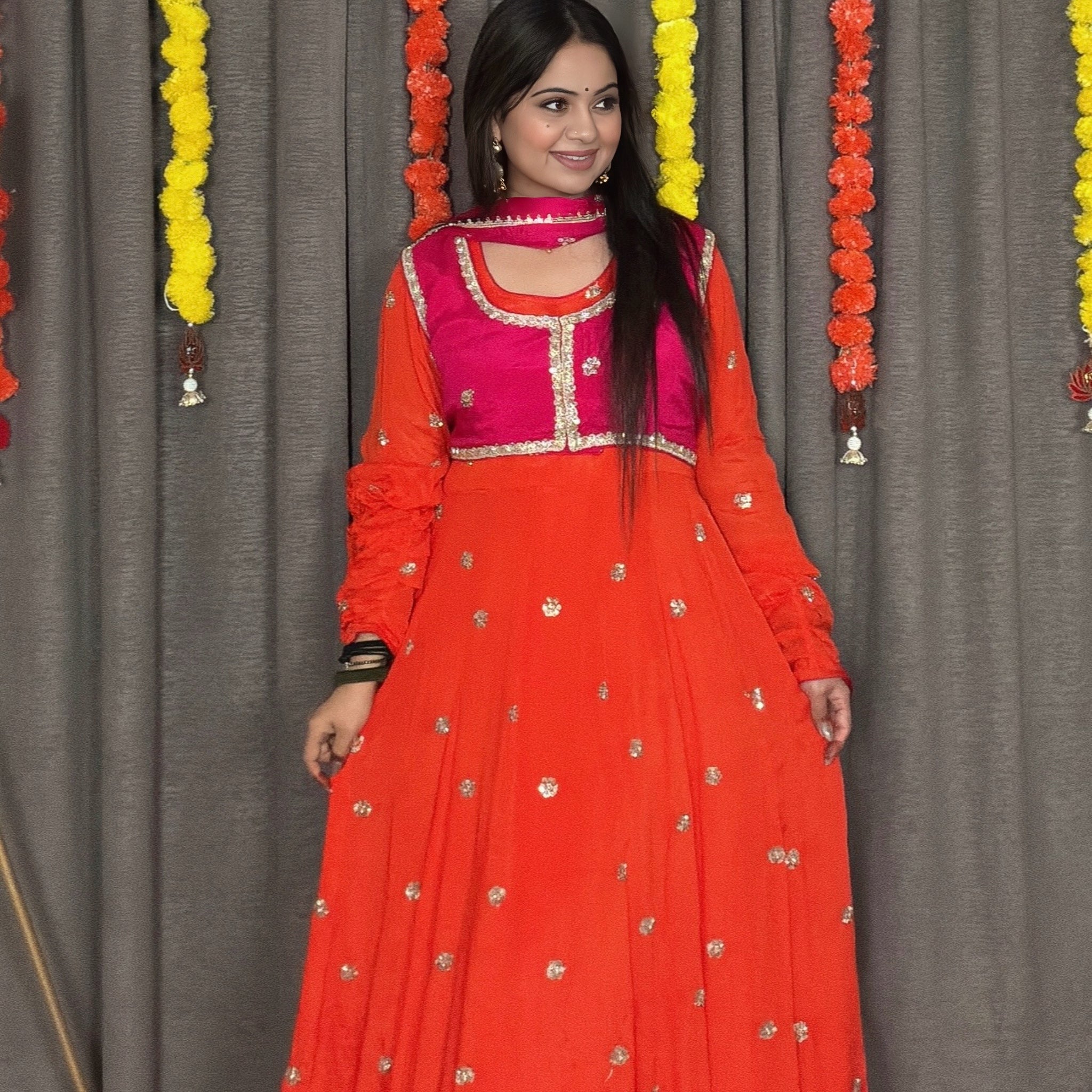 Amaira – Orange & Pink Chinon Silk Gown Set