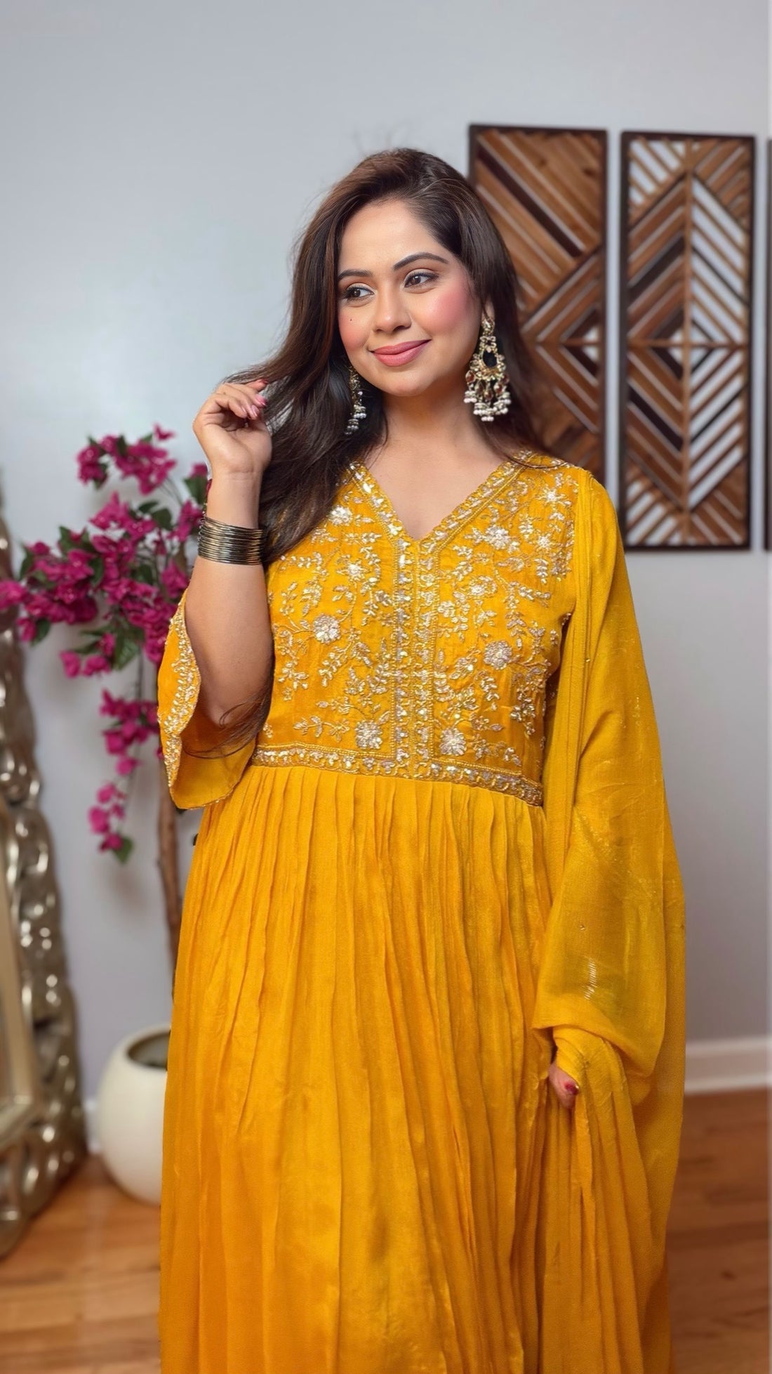 Svarnika – Mustard Yellow Chinon Silk Anarkali Gown with Dupatta