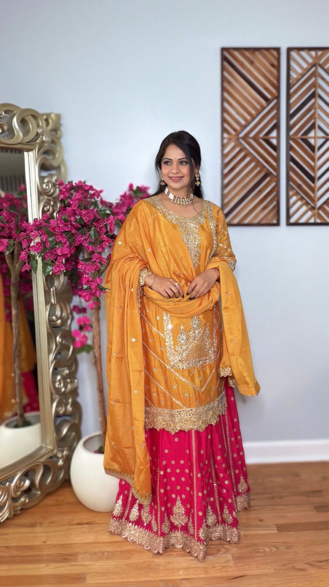 Suhana – Yellow & Pink Chinon Silk Mirror Embroidered Lehenga Suit