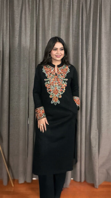 Ruhani – Black Woolen Embroidered Kurta only