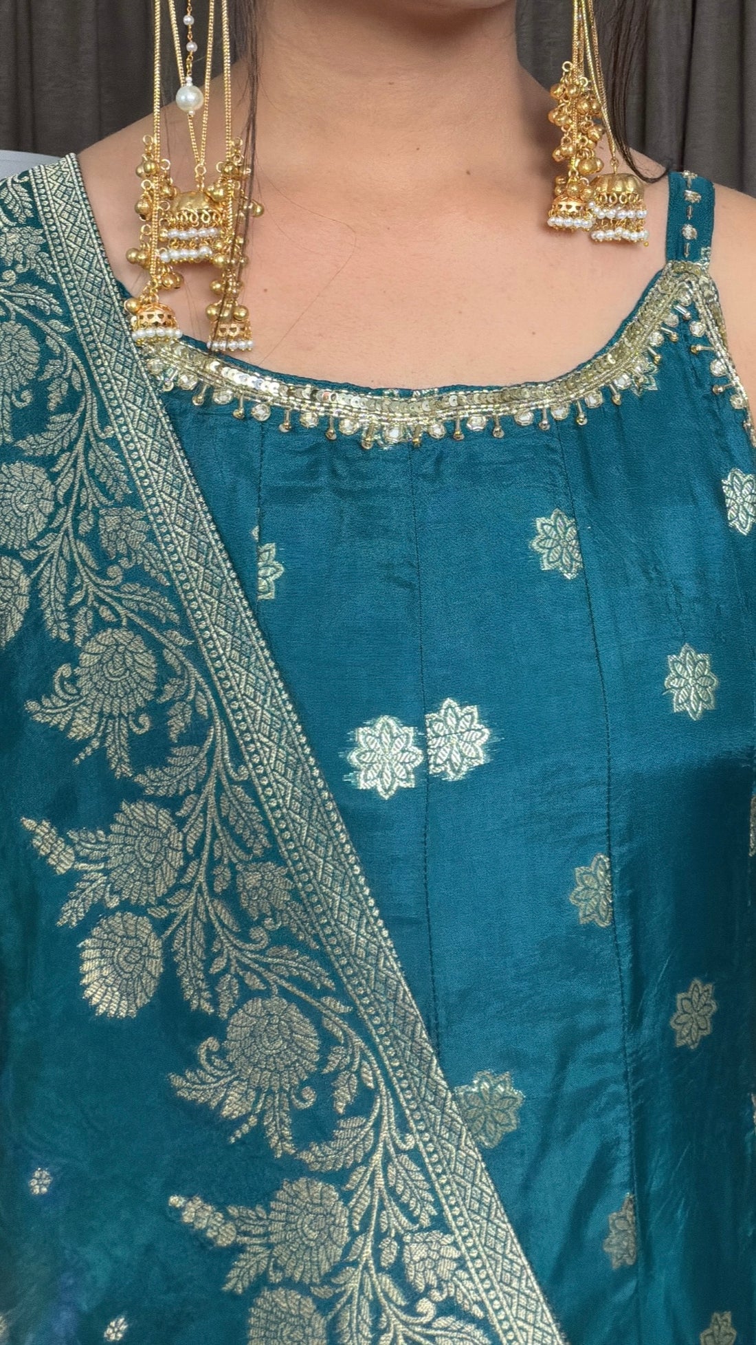 Teal Bloom – Dola Silk Anarkali Suit