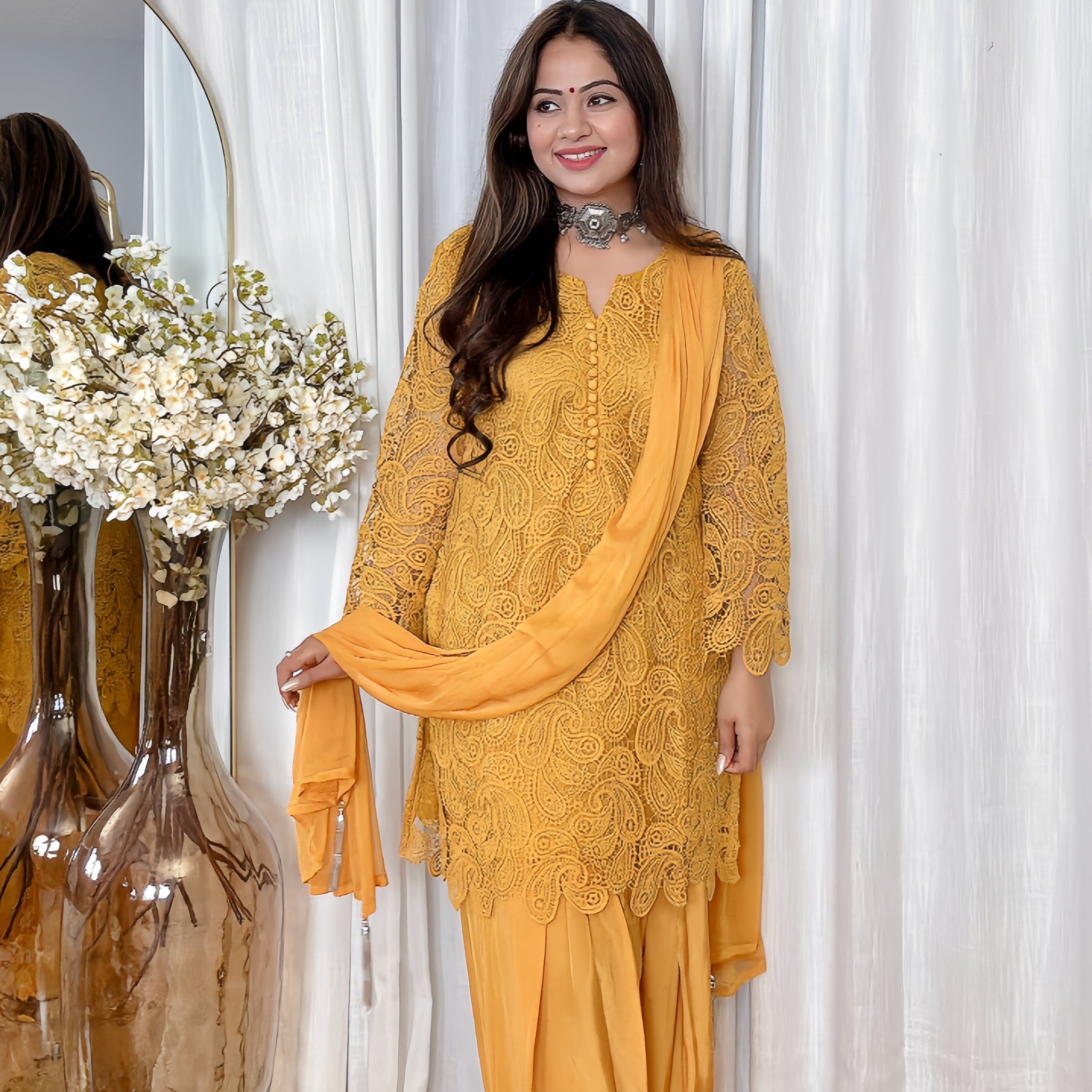 Yellow Crochet Farshi Salwar Suit