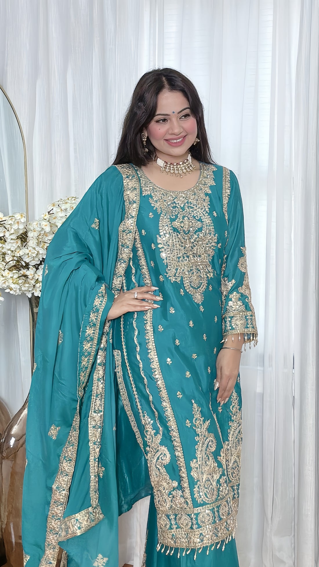 Zaiba Teal Zari Palazzo Ensemble
